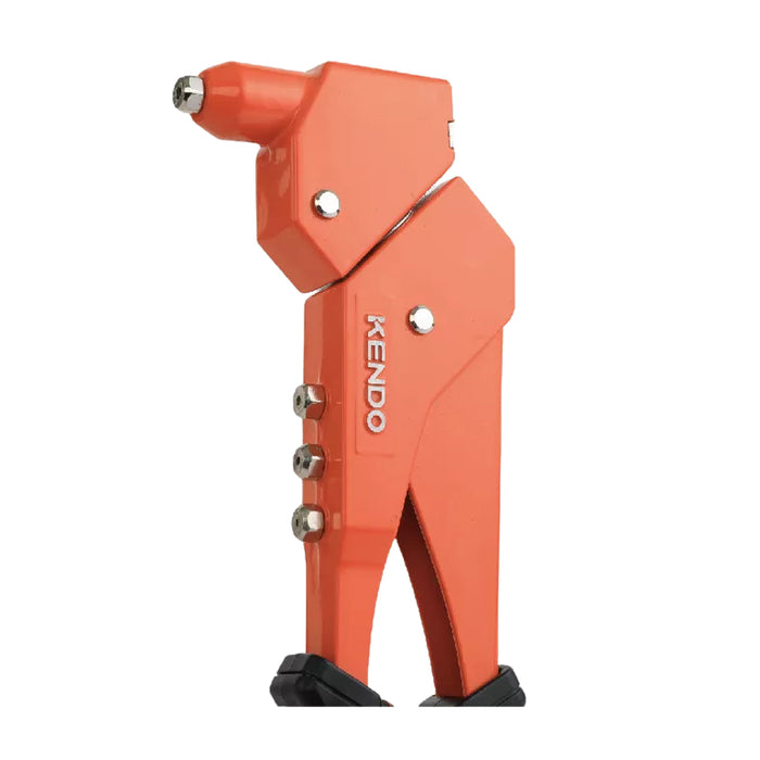 Kìm rút ri vê (rivet) đầu xoay 360 độ Kendo 45603 dài 290mm, có 4 đầu rút đinh với kích thước từ 2.4mm - 4.8mm, vật liệu nhôm đúc