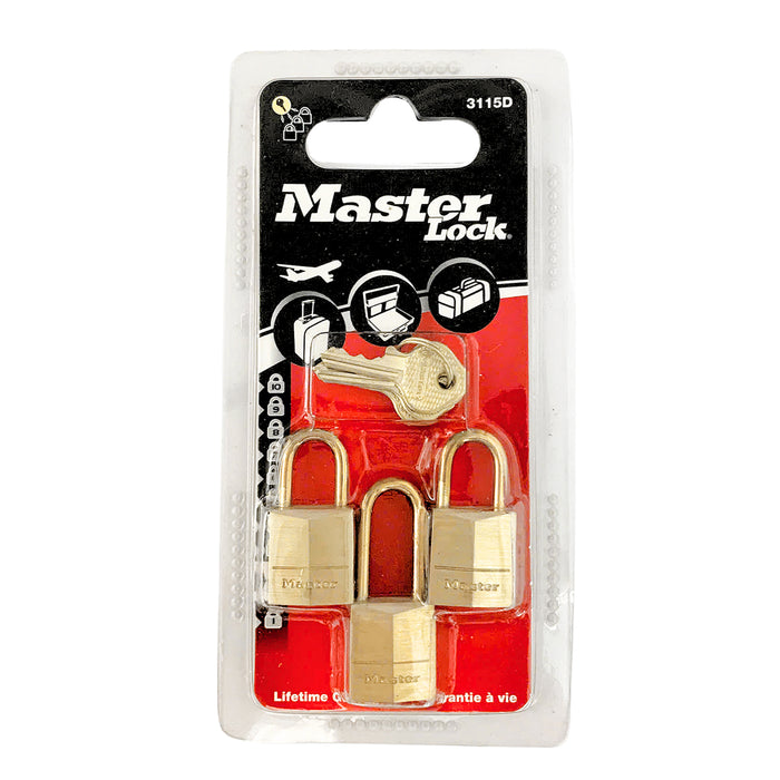 Bộ 3 ổ khóa treo mini Master Lock 3115D, Gồm 2 ổ càng cao 10mm và 1 ổ càng cao 20mm, thân khóa bằng đồng 15mm