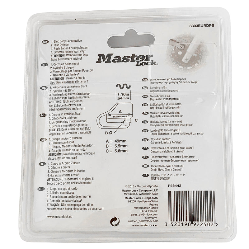 Ổ khóa xe máy Master Lock 8303EURDPS cao cấp, thân khóa bằng hợp kim thép 80 x 5.5mm (Khóa phanh đĩa)