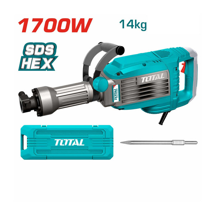 Máy đục bê tông hạng nặng TOTAL TH217068, công suất 1700W, chuôi gài SDS-Hex, lực đập 50J