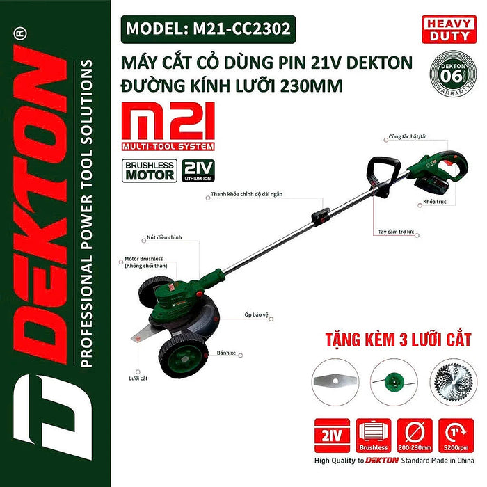 Máy cắt cỏ Dekton M21-CC2302 dùng pin 21V, độ rộng cắt tối đa 230mm, có bánh xe di chuyển