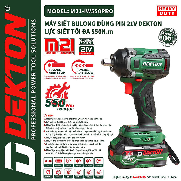 Máy siết bu lông Dekton M21-IW550PRO dùng pin 21V, mô-men xoắn 550Nm, cốt 1/2 inch
