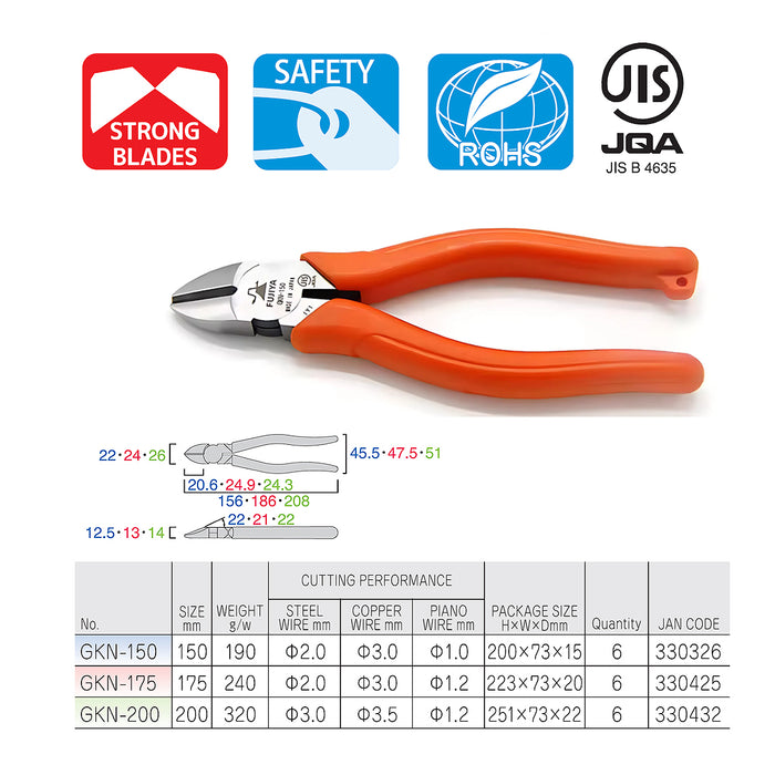 Kìm cắt chéo 150mm (6 inch) Fujiya GKN-150, vật liệu thép hợp kim cao cấp. Tiêu chuẩn RoHS. Xuất xứ Nhật Bản
