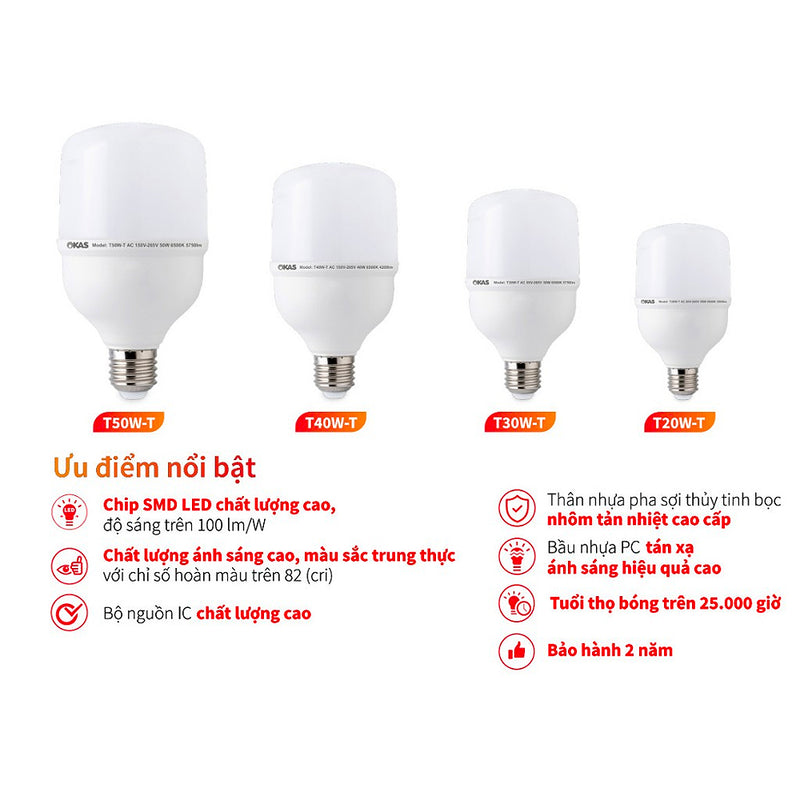 Bóng LED SOPOKA Mã T nhiều công suất, ánh sáng trắng/vàng, chống nước, tiết kiệm điện cho gia đình và công nghiệp.