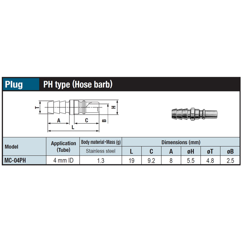 Đầu nối nhanh Micro Cupla PH-Type (Plug) MC-04PH SUS chất liệu Inox, kiểu đuôi gai nối ống mềm