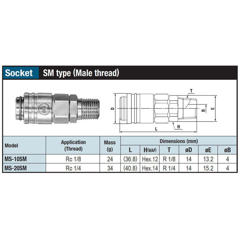 Đầu nối nhanh Small Cupla SM-Type (Socket) chất liệu đồng mạ chrome, kiểu kết nối ren ngoài