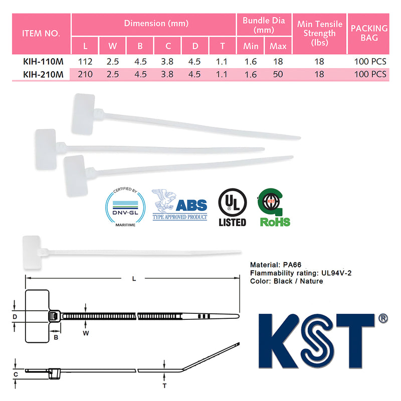 Dây rút KST có thẻ ghi chú khổ ngang, cổ rút nằm trong, dài 112mm - 210mm, bản rộng 2.5mm (Size M)