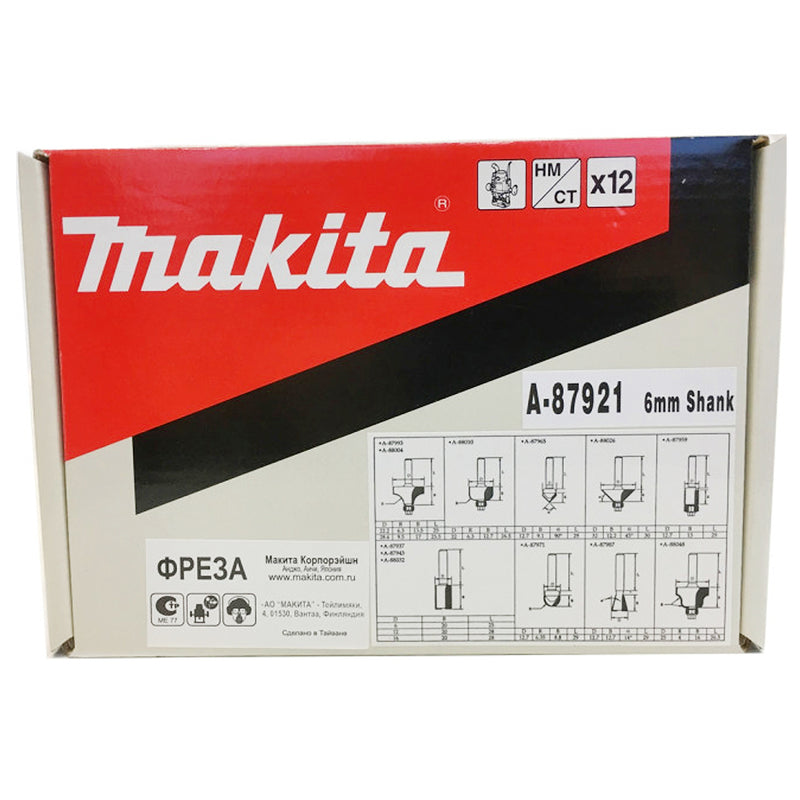 Bộ mũi phay gỗ 12 chi tiết hệ mét Makita A-87921 cốt 6mm (Cấp 3 sao)