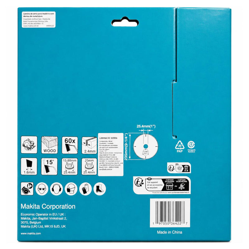 Lưỡi cưa gỗ TCT Makita dòng sản phẩm kinh tế, đường kính 235mm, số răng từ 20-40 kiểu ATB, lỗ cốt 25.4mm (Cấp 1 sao)