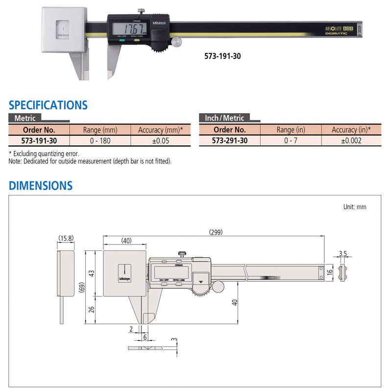 Thước kẹp điện tử Mitutoyo Series 573, ABSOLUTE Digimatic Low Force Caliper, Hàm kẹp nhạy lực, chuyên đo độ vật liệu mềm dễ biến dạng
