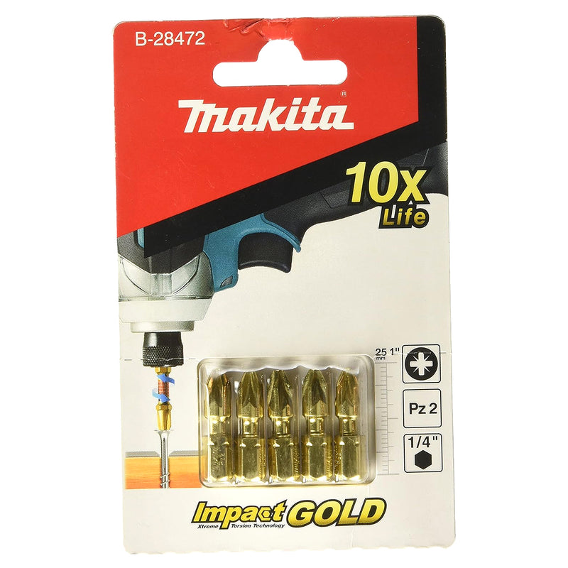 Vĩ 5 mũi vít Pozi Torsion Gold Impact Makita B-28472 kích thước PZ2 x 25mm, đuôi lục giác 6.35mm (1/4 inch)