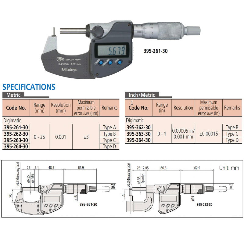 Panme điện tử Mitutoyo Series 395 - Tube Micrometers, Đo độ thành ống và bề mặt cong. Tiếp điểm đo hình trụ