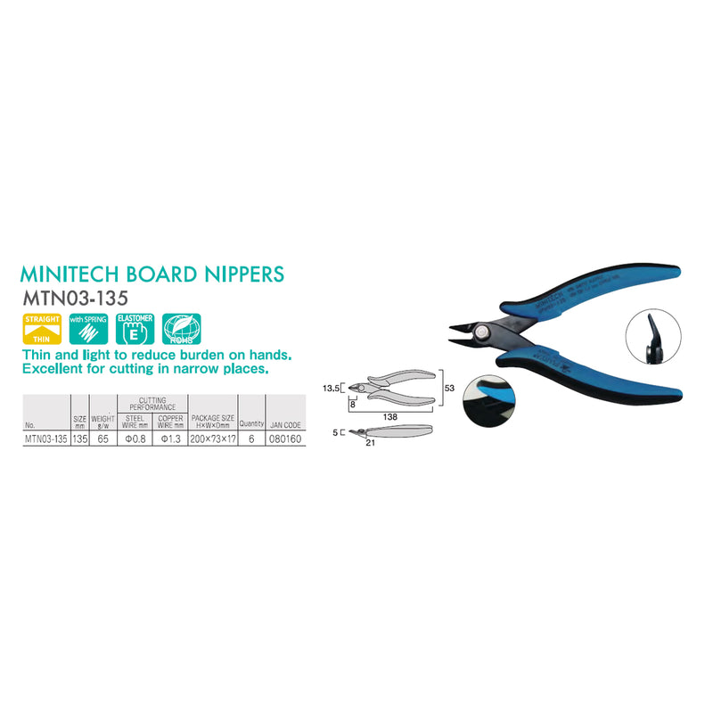 Kìm cắt linh kiện bo mạnh điện tử, có lò xo trợ lực Fujiya MTN03-135 kích thước 135mm