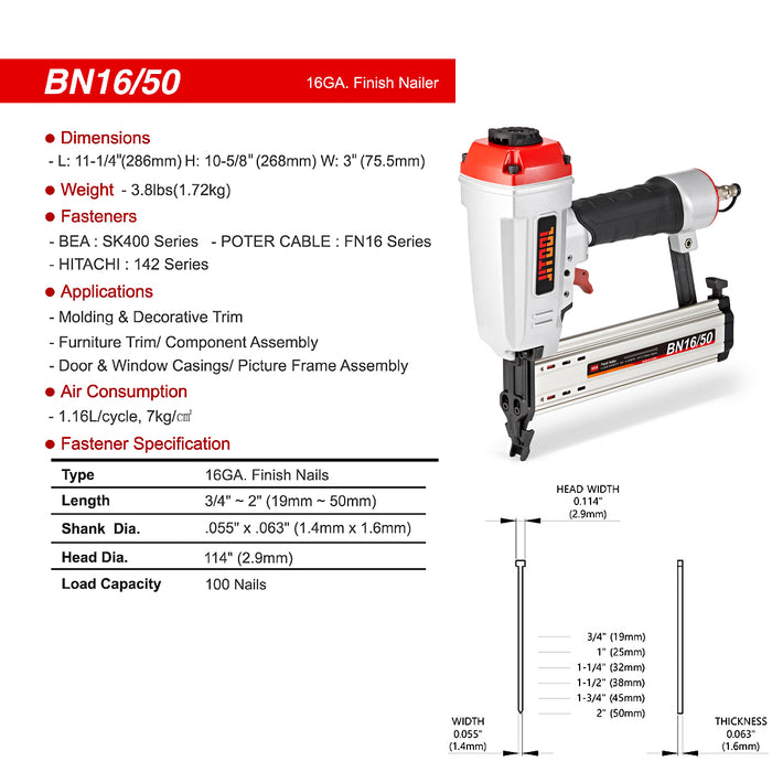 Máy bắn đinh T dùng khí nén JITOOL BN16/50, kích thước đinh 19mm - 50mm, cỡ đinh 16Ga
