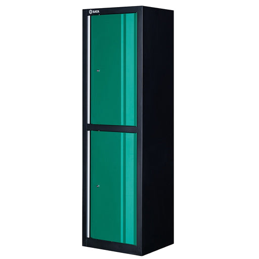 Tủ dụng cụ đứng 2 cánh SATA 95151: thép chịu lực, sơn tĩnh điện, 2 cánh xanh, vách ngăn linh hoạt, nam châm hút mạnh.