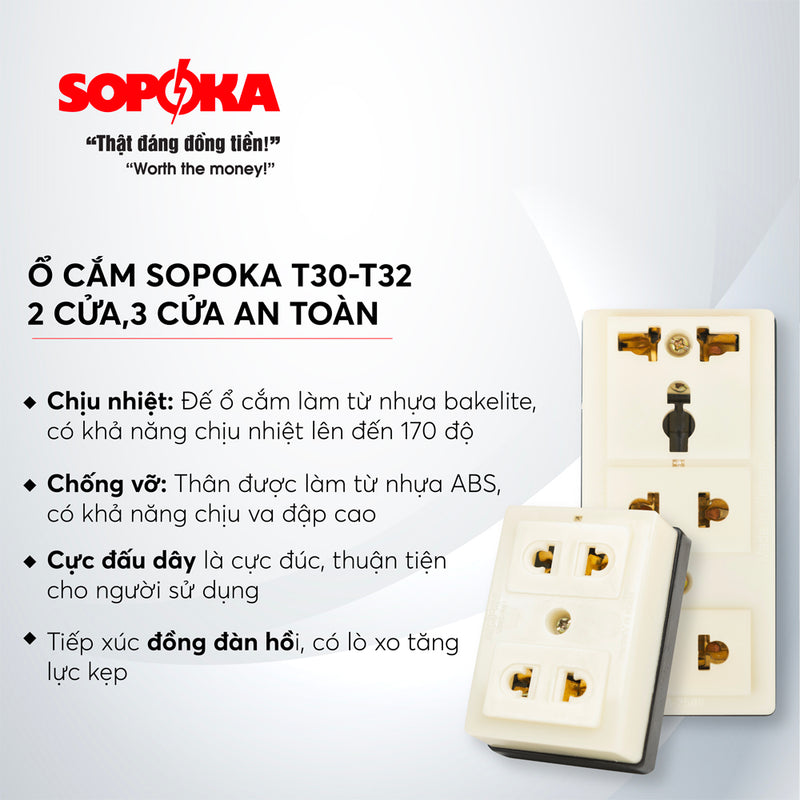 Ổ cắm nổi SOPOKA T31 3 cổng, nhựa kỹ thuật chịu nhiệt, tiếp điểm đồng nguyên chất, dễ lắp đặt, an toàn điện cho gia đình.