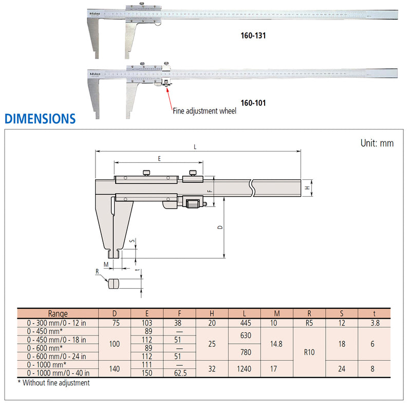Thước kẹp cơ Mitutoyo Vernier Caliper Series 160 với hàm kẹp kiểu mỏ chim, có nút tinh chỉnh