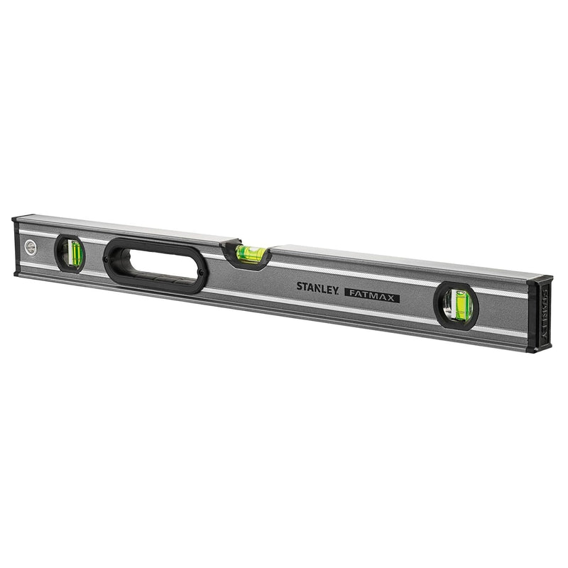 Thước thủy dạng hộp nhôm Stanley FATMAX Xtreme Box Beam 600mm màu xám bạc có 3 lọ thủy tay cầm bọc cao su bi-material và hai đầu chống va đập