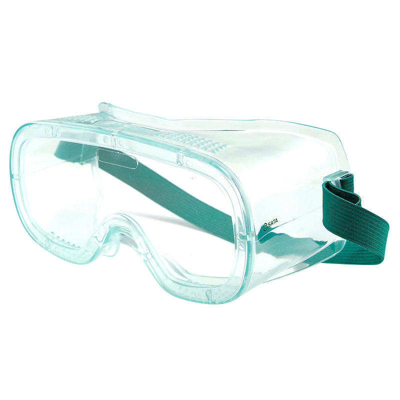 Kính bảo hộ siêu nhẹ kín viền SATA YF0201 YF0202 tròng Polycarbonate trong suốt gọng PVC mềm kèm dây đeo đàn hồi màu xanh lá