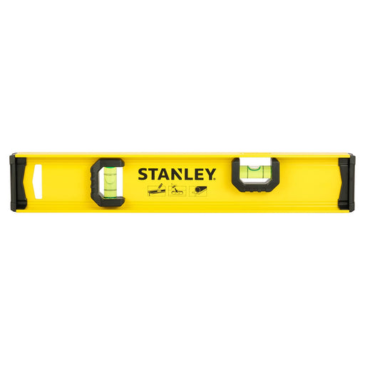 Thước thủy nhôm chữ I Stanley I-Beam Level dài 300mm - 1200mm màu vàng có cửa sổ đọc góc 270°, rãnh đo đường ống, hai đầu bọc cao su chống va đập và lỗ treo tiện lợi