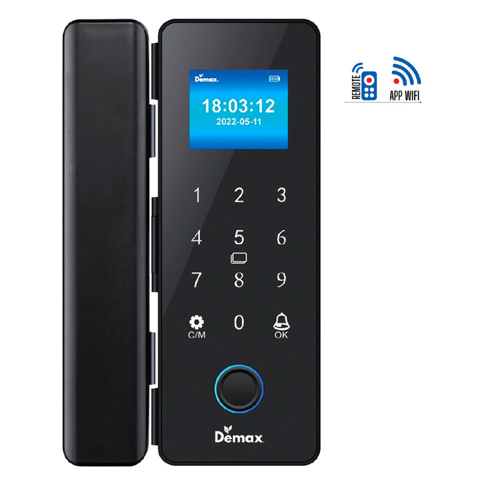 Khóa cửa thông minh cao cấp Demax SL800 G-SD khóa bằng App Wifi, dành cho cửa kính, màu đen bóng