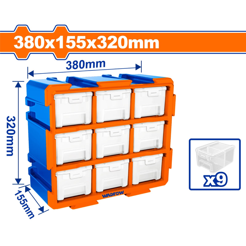 Bộ tủ 9 hộp nhựa đựng linh kiện (Ngăn kín) Wadfow WTB8331, kích thước tổng 380mm x 155mm x 320mm, chất liệu nhựa PP