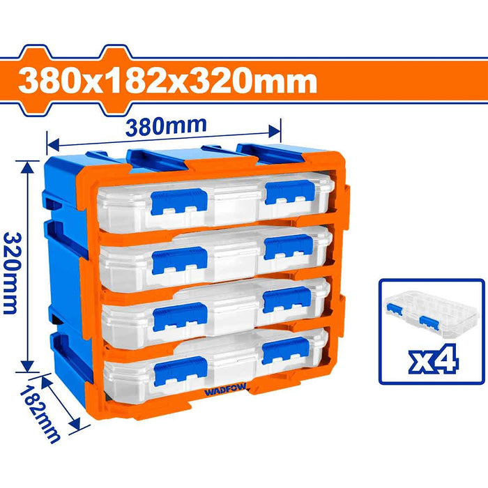 Bộ tủ 4 hộp nhựa 13 ngăn đựng linh kiện Wadfow WTB8344, kích thước tổng 380mm x 182mm x 320mm, chất liệu nhựa PP