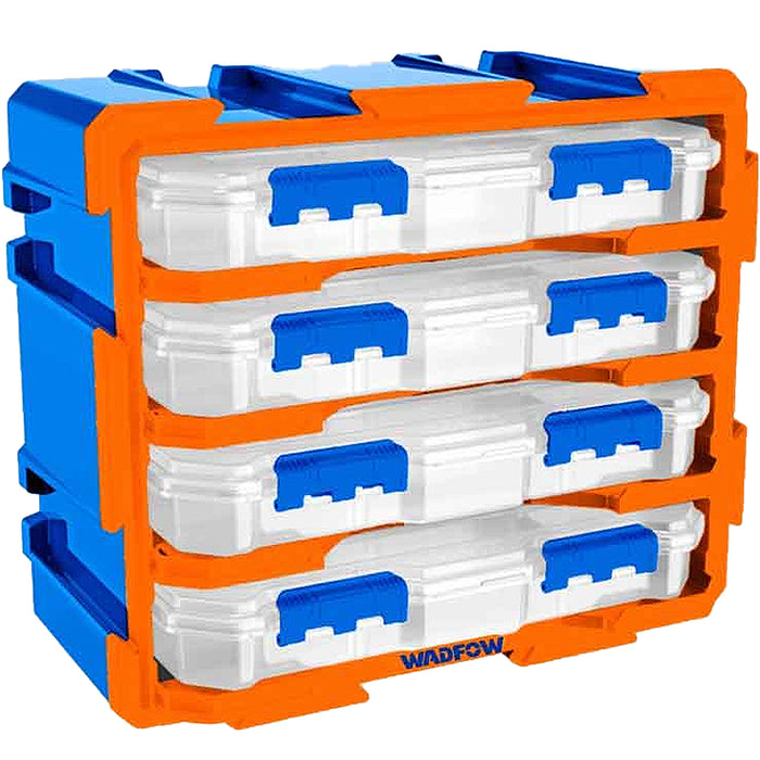 Bộ tủ 4 hộp nhựa 13 ngăn đựng linh kiện Wadfow WTB8344, kích thước tổng 380mm x 182mm x 320mm, chất liệu nhựa PP