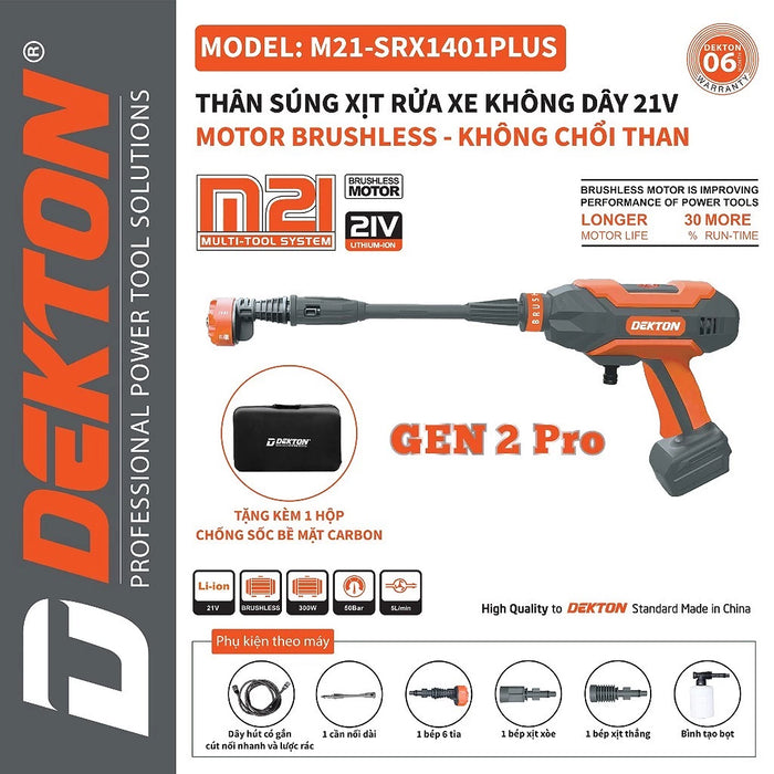 Máy xịt rửa Dekton M21-SRX1401PLUS dùng pin 21V, công suất 300W, áp lực tối đa 50bar (Chỉ có thân máy)