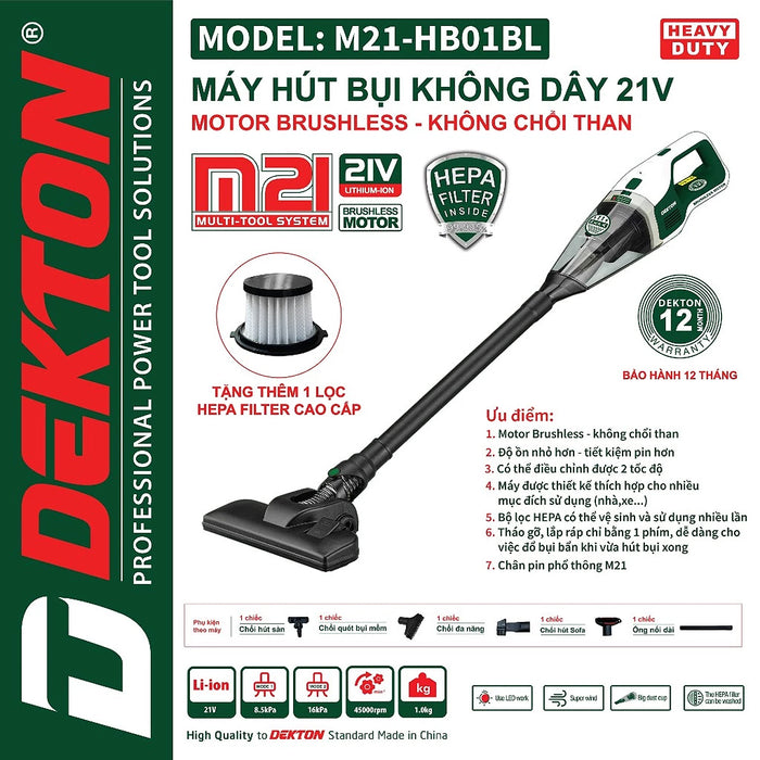 Máy hút bụi Dekton M21-HB01BL dùng pin 21V, lực hút tối đa 16Kpa