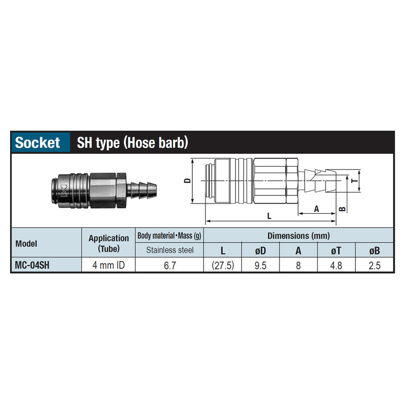 Đầu nối nhanh Micro Cupla SH-Type (Socket) MC-04SH SUS chất liệu Inox, kiểu đuôi gai nối ống mềm