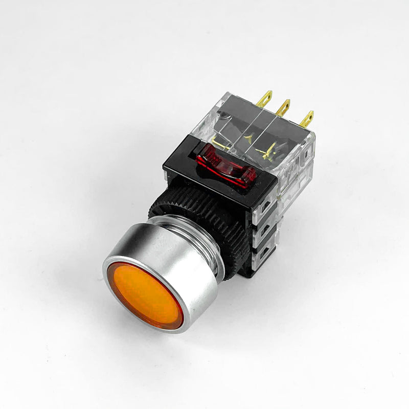 Công tắc nhấn tích hợp đèn báo, tròn bầu viền chrome Hanyoung Nux DRX-R series, Lỗ khoét Ø16mm