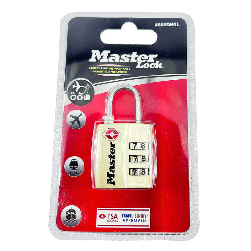 Ổ khóa số mini Master Lock 4680DNKL cao cấp đạt chuẩn TSA, thân khóa bằng kim loại phủ sơn màu nikel 30mm, 3 cọc số