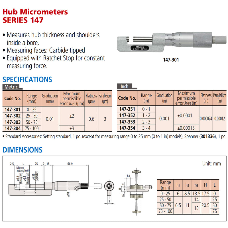Panme Mitutoyo Series 147 - Hub Micrometers | Đo gờ trong lỗ