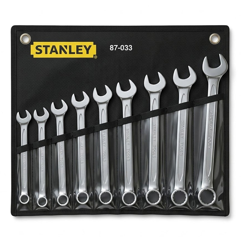 Bộ cờ lê vòng miệng Slimline hệ mét 9 chi tiết Stanley 87-033-1 kích thước 10mm đến 19mm đựng trong túi vải cuộn màu vàng đen