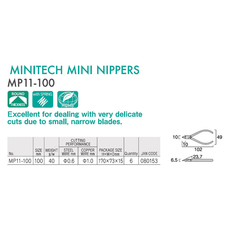 Kìm cắt mini, có lò xo trợ lực, lưỡi cong nhọn Fujiya MP11-100 kích thước 100mm
