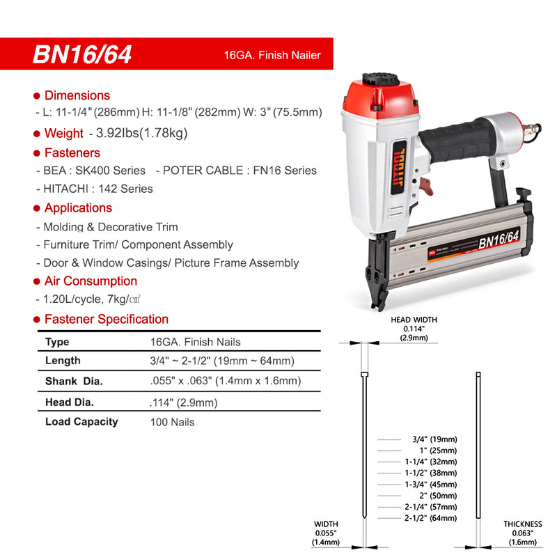 Máy bắn đinh T dùng khí nén JITOOL BN16/64 dùng khí nén, kích thước đinh 19mm - 64mm, cỡ đinh 16Ga