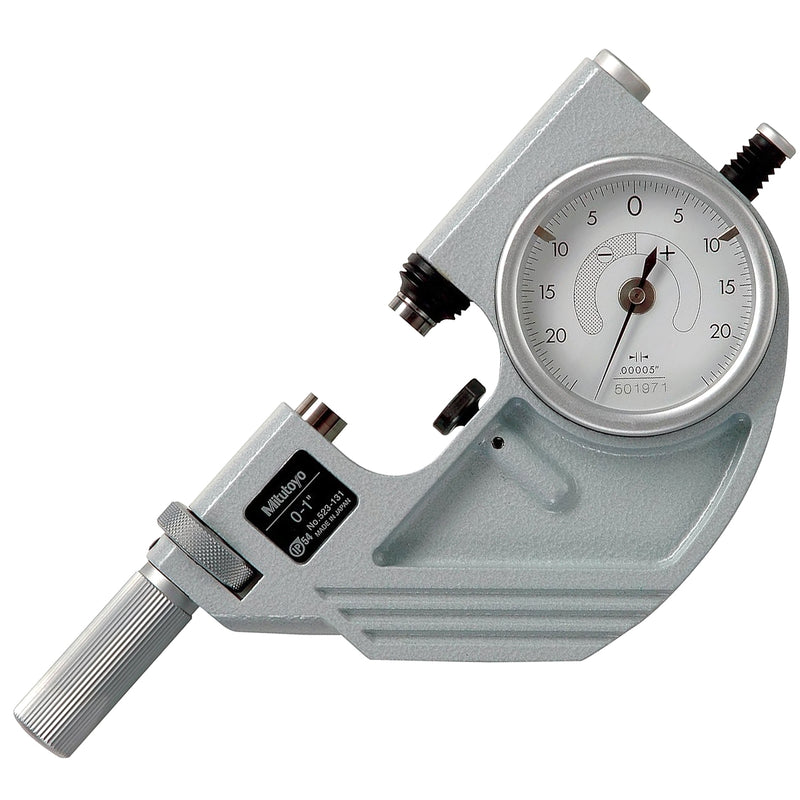Panme Mitutoyo Series 523 Dial Snap Micrometer đo nhanh trên giá đỡ.