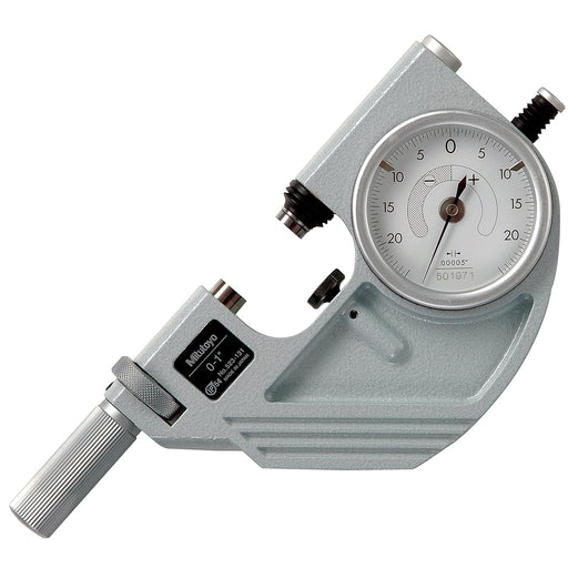 Panme Mitutoyo Series 523 Dial Snap Micrometer đo nhanh trên giá đỡ.