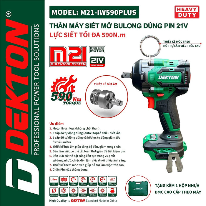 Máy siết bu lông Dekton M21-IW590Plus dùng pin 21V, mô-men xoắn 590Nm, cốt 1/2 inch (Phiên bản màu xanh)