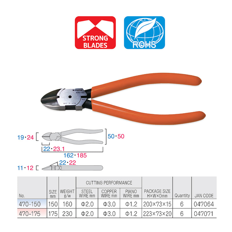 Kìm cắt chéo hạng nặng 150mm (6 inch) Fujiya 470-150, lưỡi cắt carbide cao cấp. Tiêu chuẩn RoHS. Xuất xứ Nhật Bản