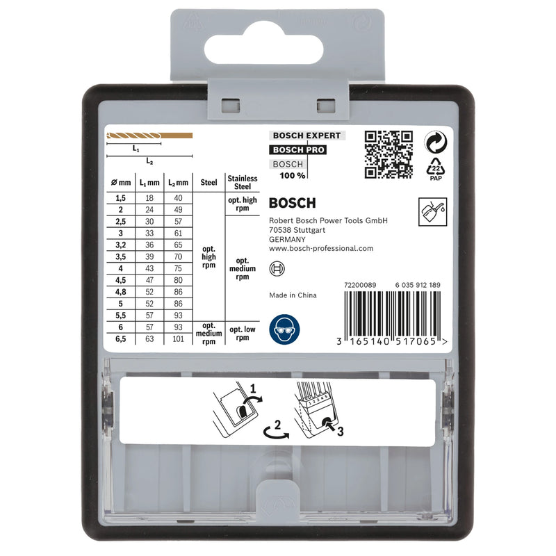 Bộ mũi khoan Inox 13 chi tiết Bosch 2607019926 chất liệu thép HSS-Co, kích thước từ 1.5mm - 6.5mm