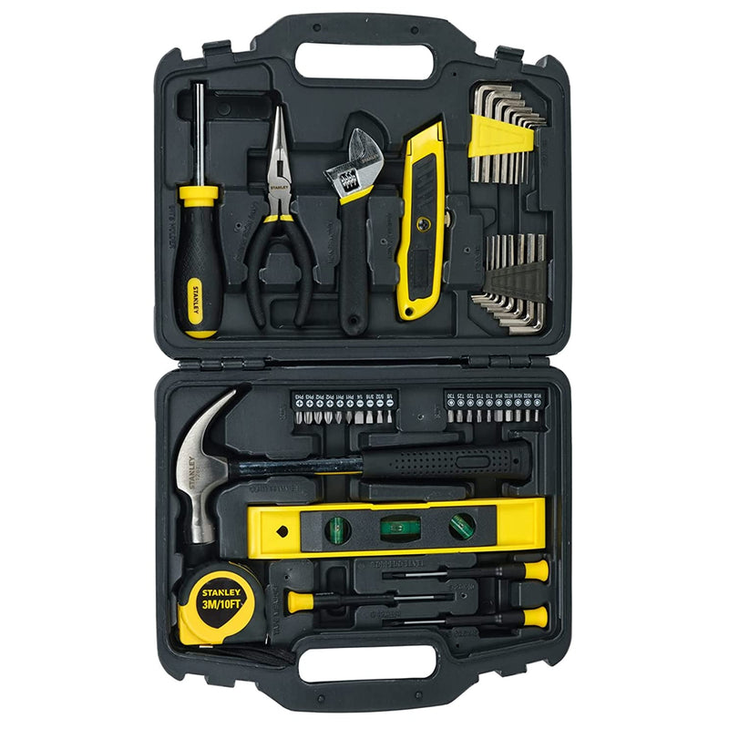 Bộ dụng cụ gia đình 47 chi tiết Stanley STHT74981 gồm 16 chìa lục giác, tua vít điện tử, búa, kìm, thước nivo Torpedo và mỏ lết