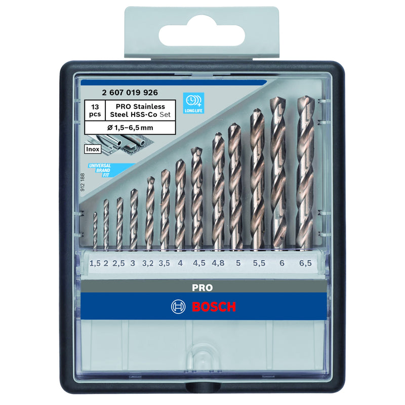 Bộ mũi khoan Inox 13 chi tiết Bosch 2607019926 chất liệu thép HSS-Co, kích thước từ 1.5mm - 6.5mm