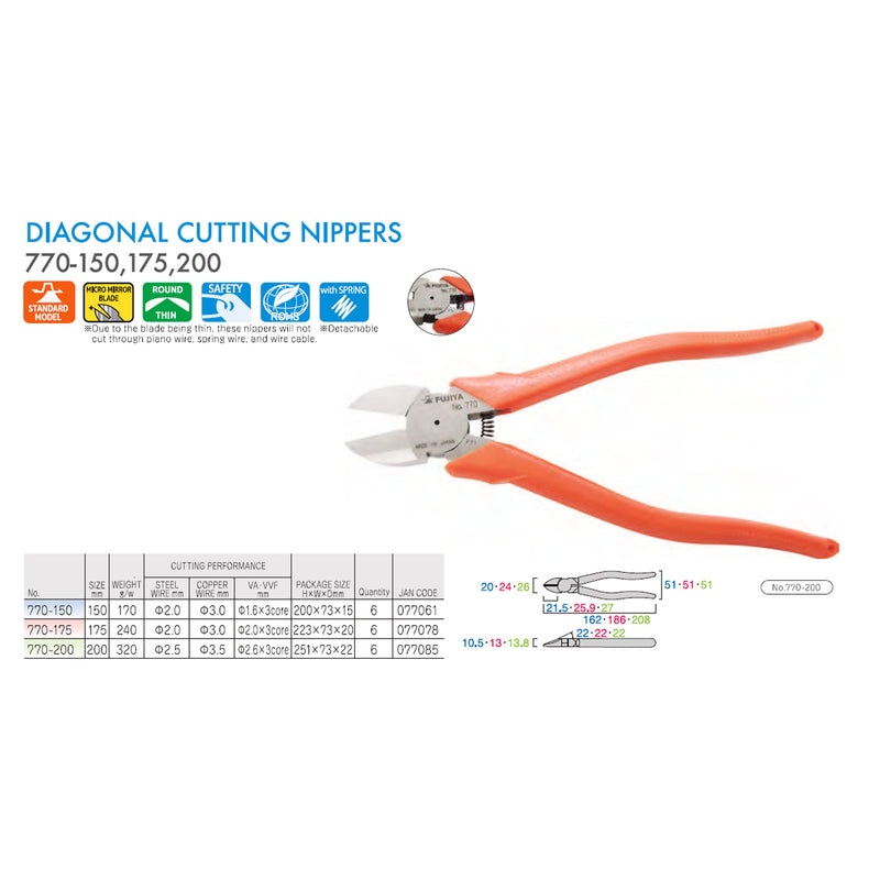 Kìm cắt có lò xo trợ lực, lưỡi cong nhẹ Fujiya 770 Series kích thước từ 150mm - 200mm