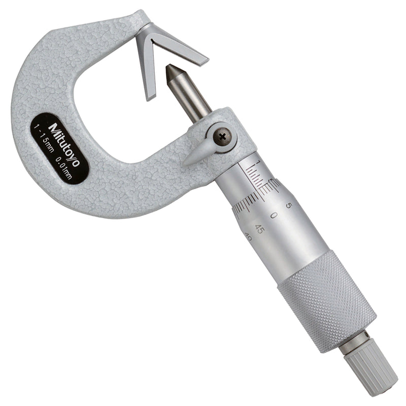Panme Mitutoyo Series 114 V-Anvil, đầu đo chữ V 60 độ, chuyên đo đường kính ngoài mũi ta-rô, mũi doa, dao phay 3 lưỡi cắt.