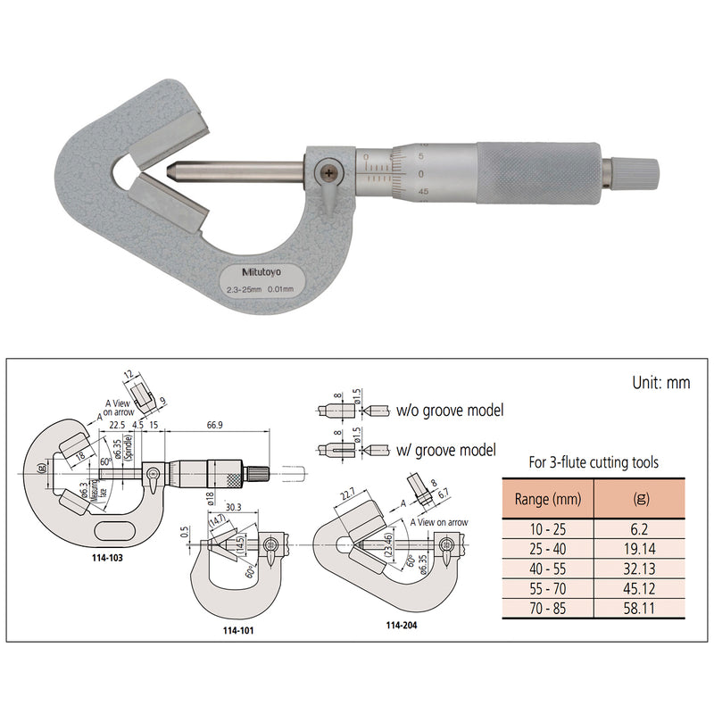 Panme Mitutoyo Series 114 - V Anvil Micrometers, đầu đo chữ V | Đo đường kính ngoài lưỡi cắt 3 cạnh (3 Flute cutting)