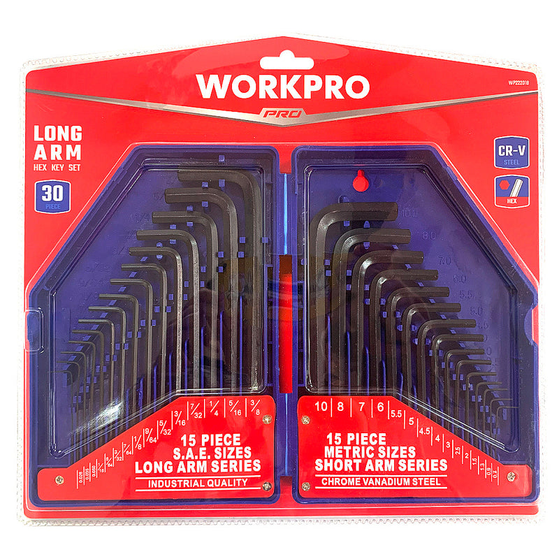 Bộ 30 cây lục giác đầu bẳng, kiểu chữ L, hệ inch và mét, vật liệu bằng thép CR-V Workpro WP222018