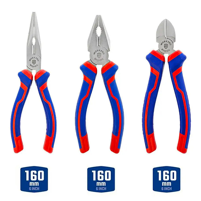 Bộ kìm 3 món gồm (kìm răng, kìm cắt, kìm nhọn) 6 inch (160mm) Workpro WP201008