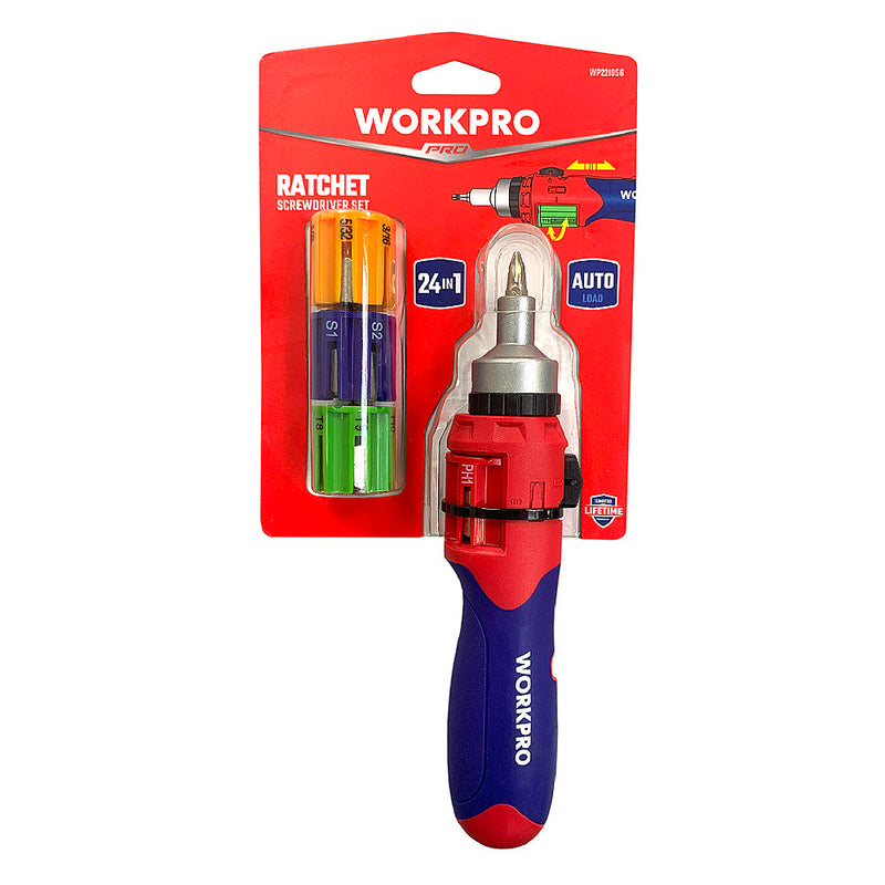 Bộ Tua vít bánh cóc tự động thép CR-V 24 đầu vít hỗn hợp có chức năng tự cài mũi vít Workpro WP221056